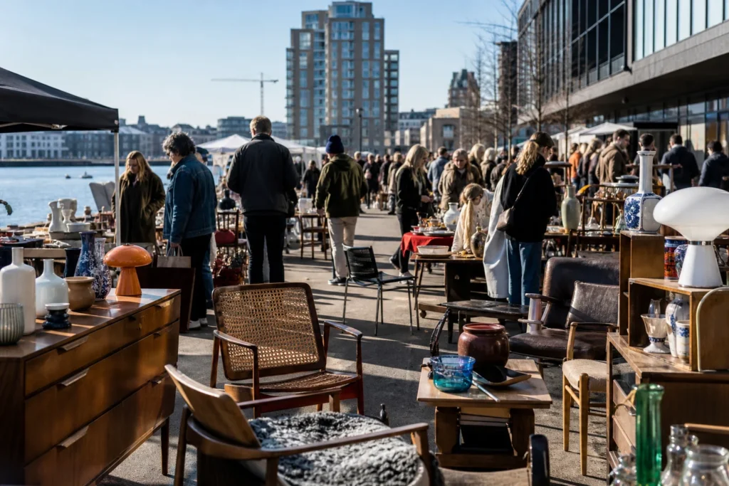 shoppers browsing antique and vintage market stalls at Loppemarked på Bryggen in Copenhagen