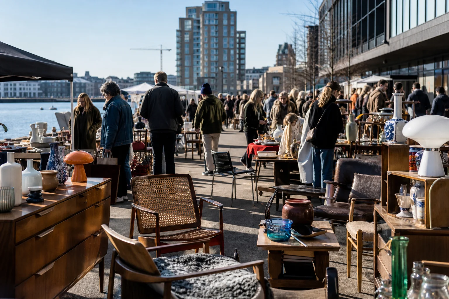 shoppers browsing antique and vintage market stalls at Loppemarked på Bryggen in Copenhagen