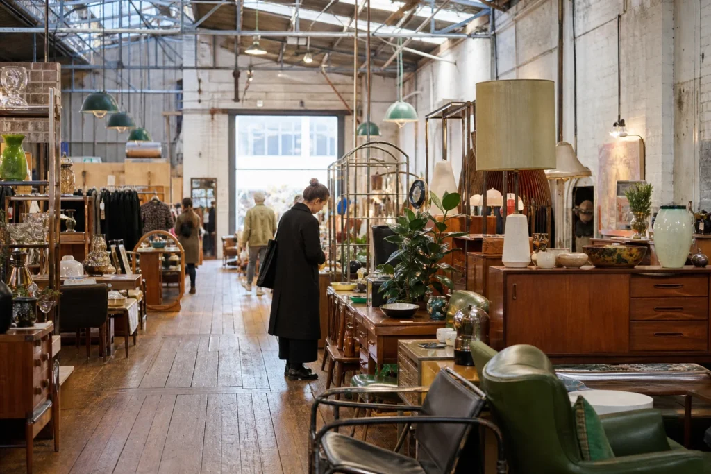 shoppers browsing antique and vintage market stalls at Lost And Found Market in Melbourne, Victoria