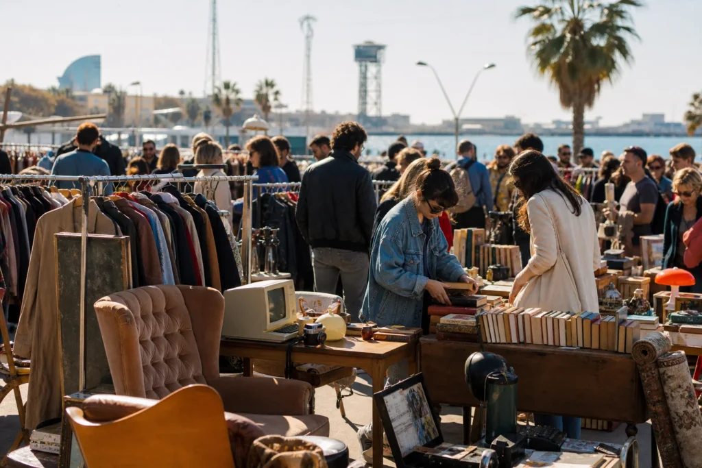 shoppers browsing antique and vintage market stalls at Lost & Found Flea Market in Spain