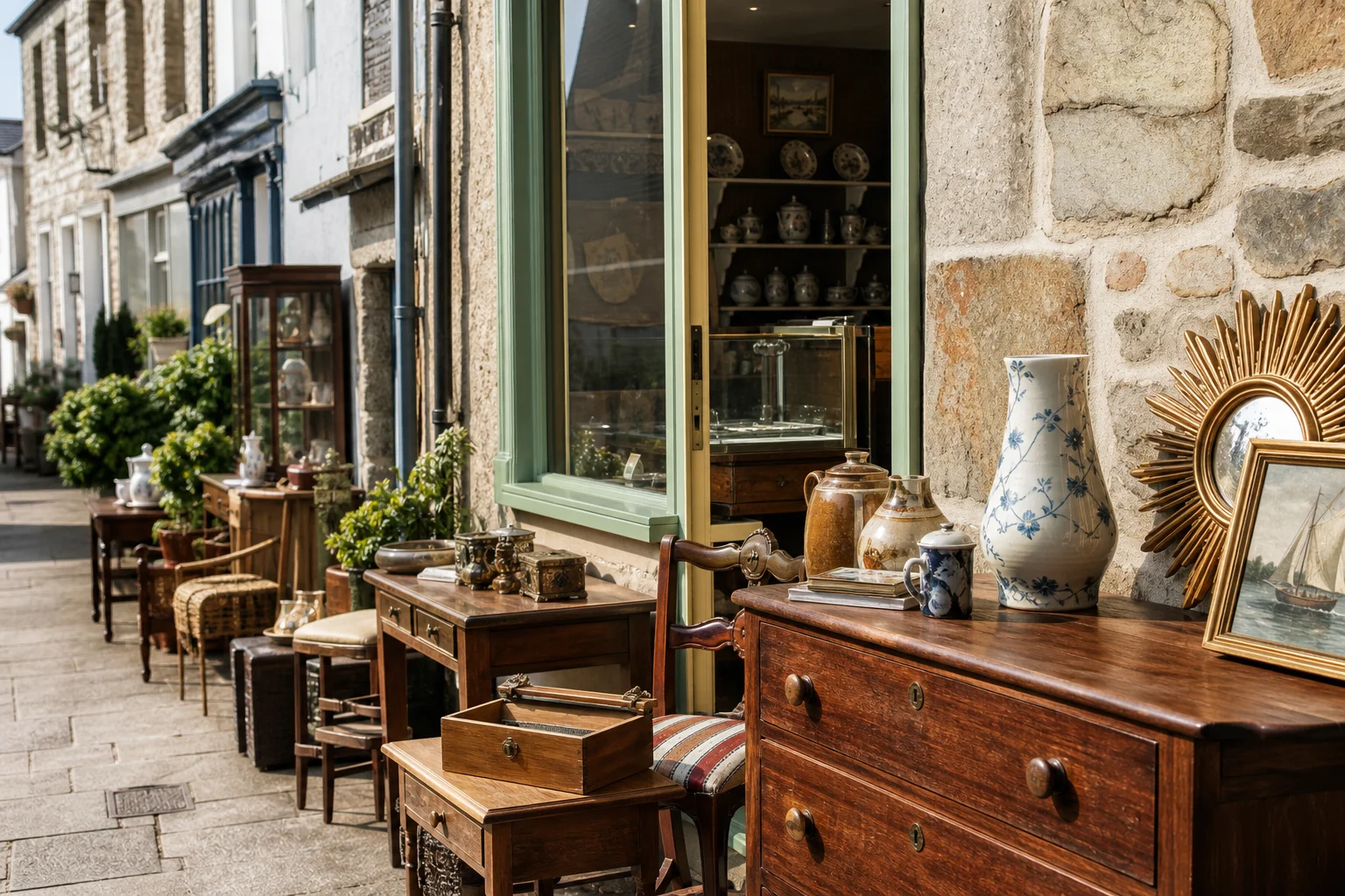 shoppers browsing antique and vintage market stalls at Lostwithiel Antiques Capital of Cornwall in United Kingdom