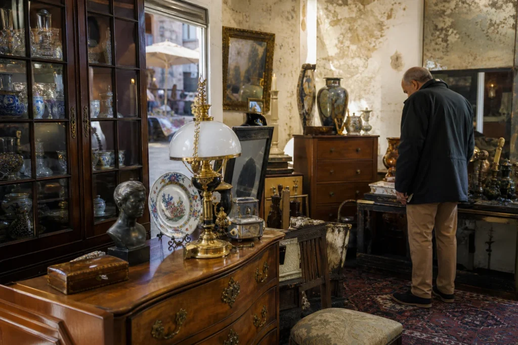 shoppers browsing antique and vintage market stalls at LoveAntiques.com in Place Charles David, 30400 Villeneuve-lès-Avignon, France