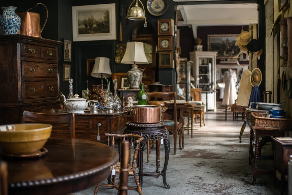 shoppers browsing antique and vintage market stalls at Ludlow’s Antique District in United Kingdom