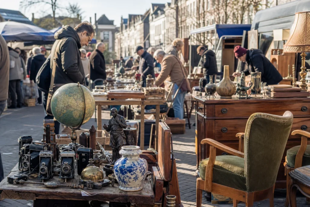 shoppers browsing antique and vintage market stalls at Maastricht Saturday Flea Market in Netherlands