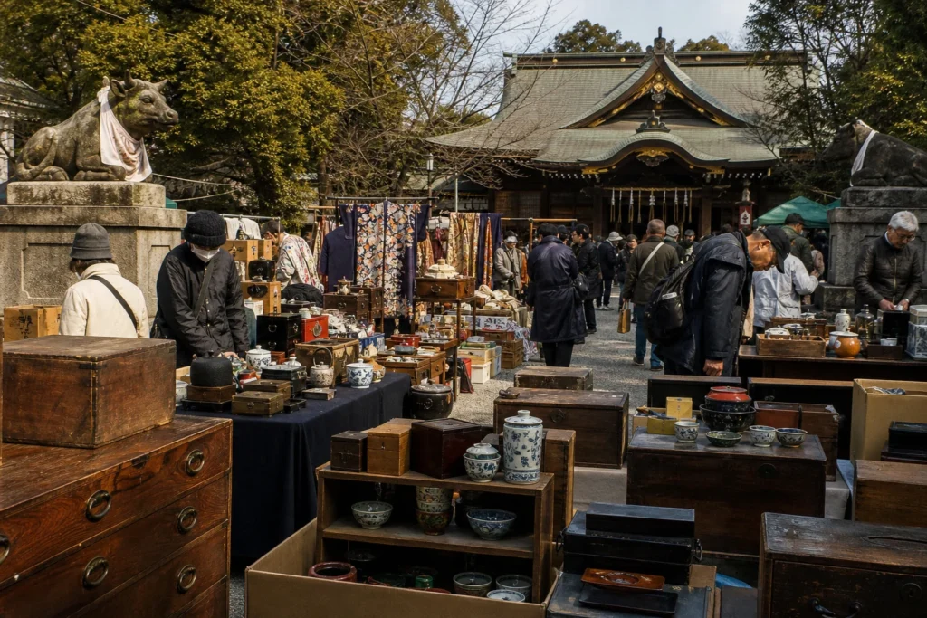 shoppers browsing antique and vintage market stalls at Machida Tenmangu Antique Fair – 町田天満宮がらくた in Japan, Tokyo