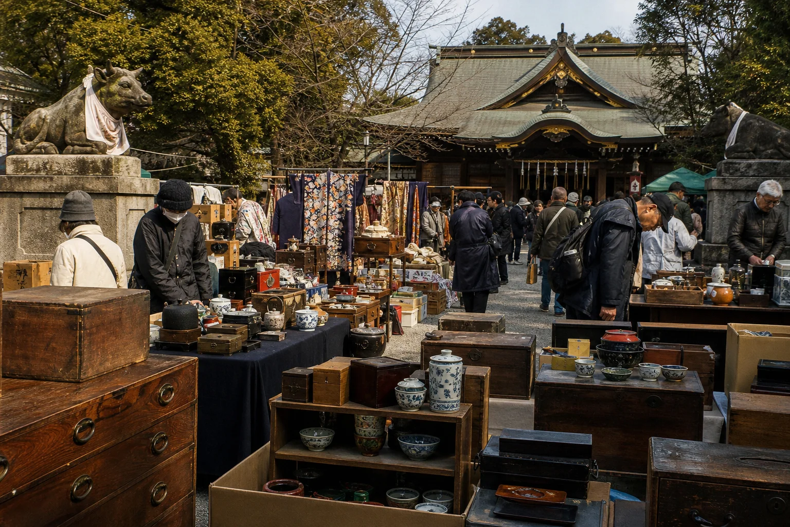 shoppers browsing antique and vintage market stalls at Machida Tenmangu Antique Fair – 町田天満宮がらくた in Japan, Tokyo