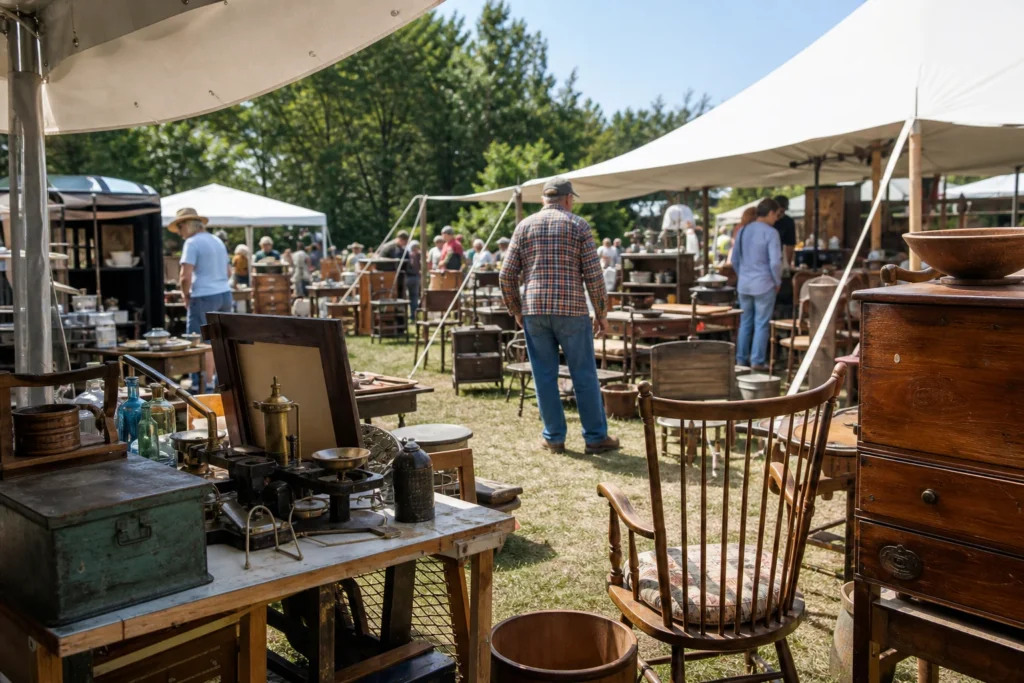 shoppers browsing antique and vintage market stalls at Maine Antiques Festival