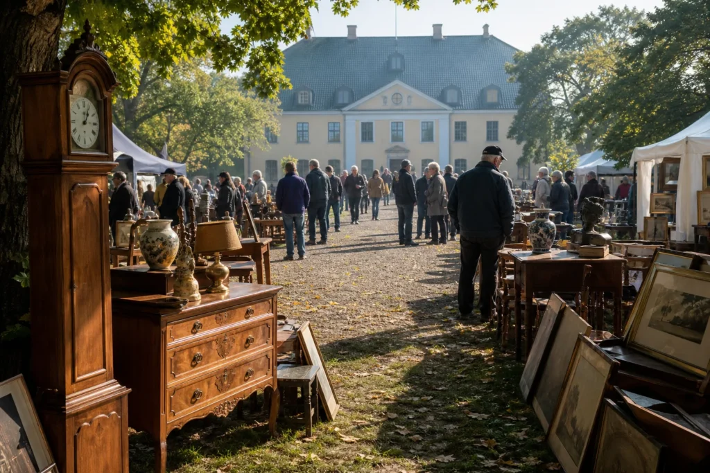 shoppers browsing antique and vintage market stalls at Malmö Dekorativa in Sweden