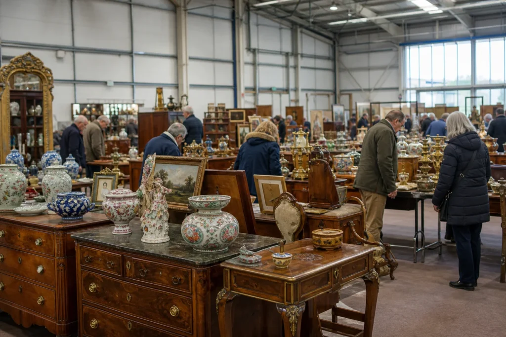 shoppers browsing antique and vintage market stalls at Malvern Antiques & Collectors Fair in United Kingdom