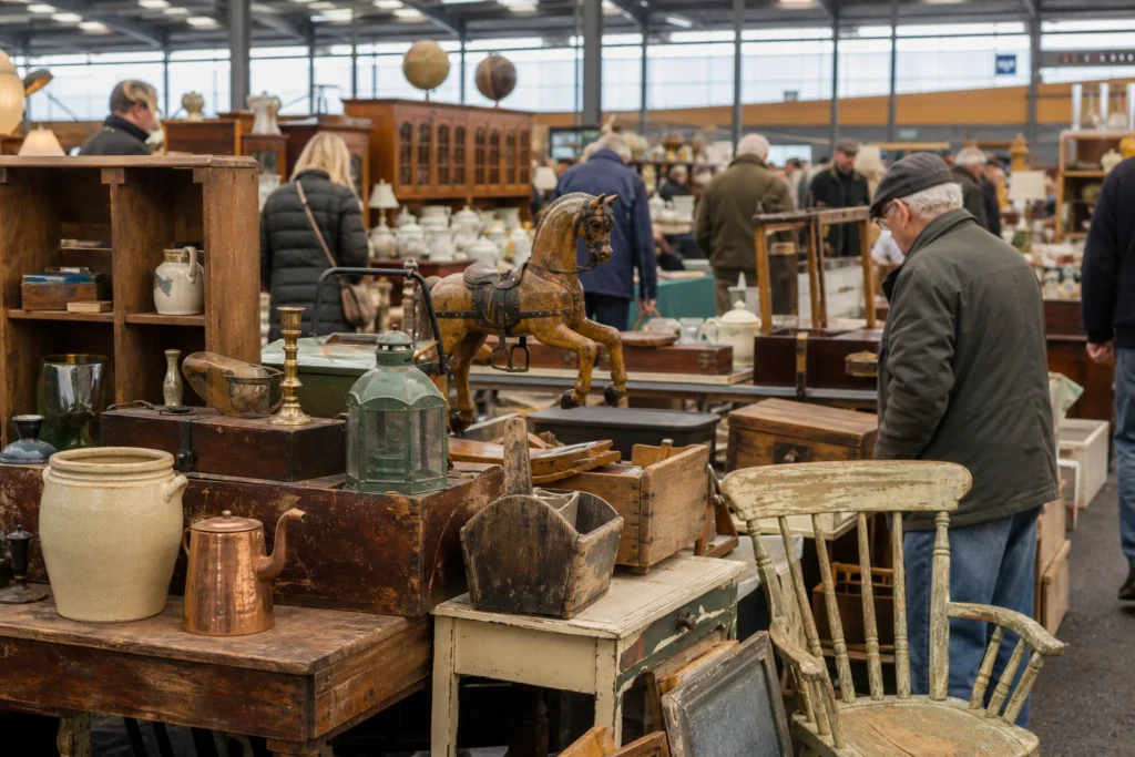 shoppers browsing antique and vintage market stalls at Malvern Flea & Collectors Fair in United Kingdom