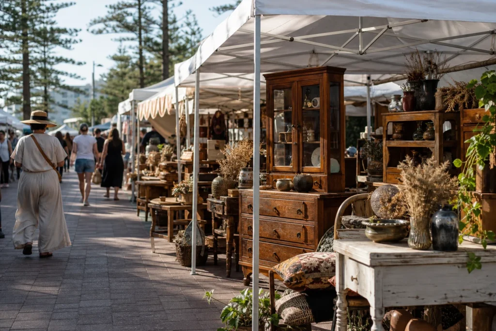 shoppers browsing antique and vintage market stalls at Manly Market in New South Wales, Sydney