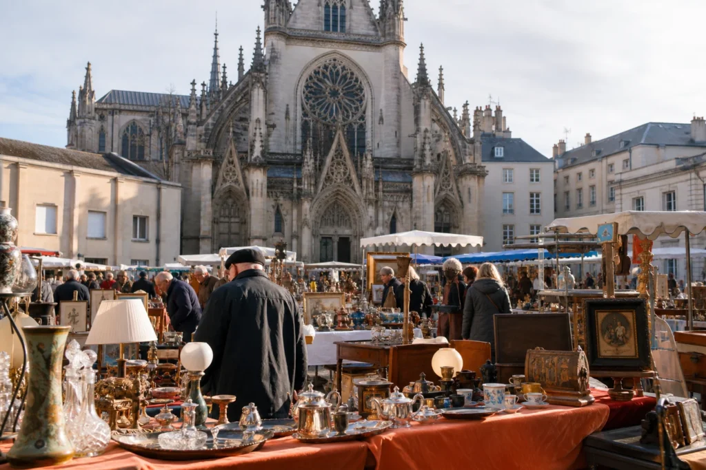 shoppers browsing antique and vintage market stalls at Marché aux Puces de la Vieille Ville in France