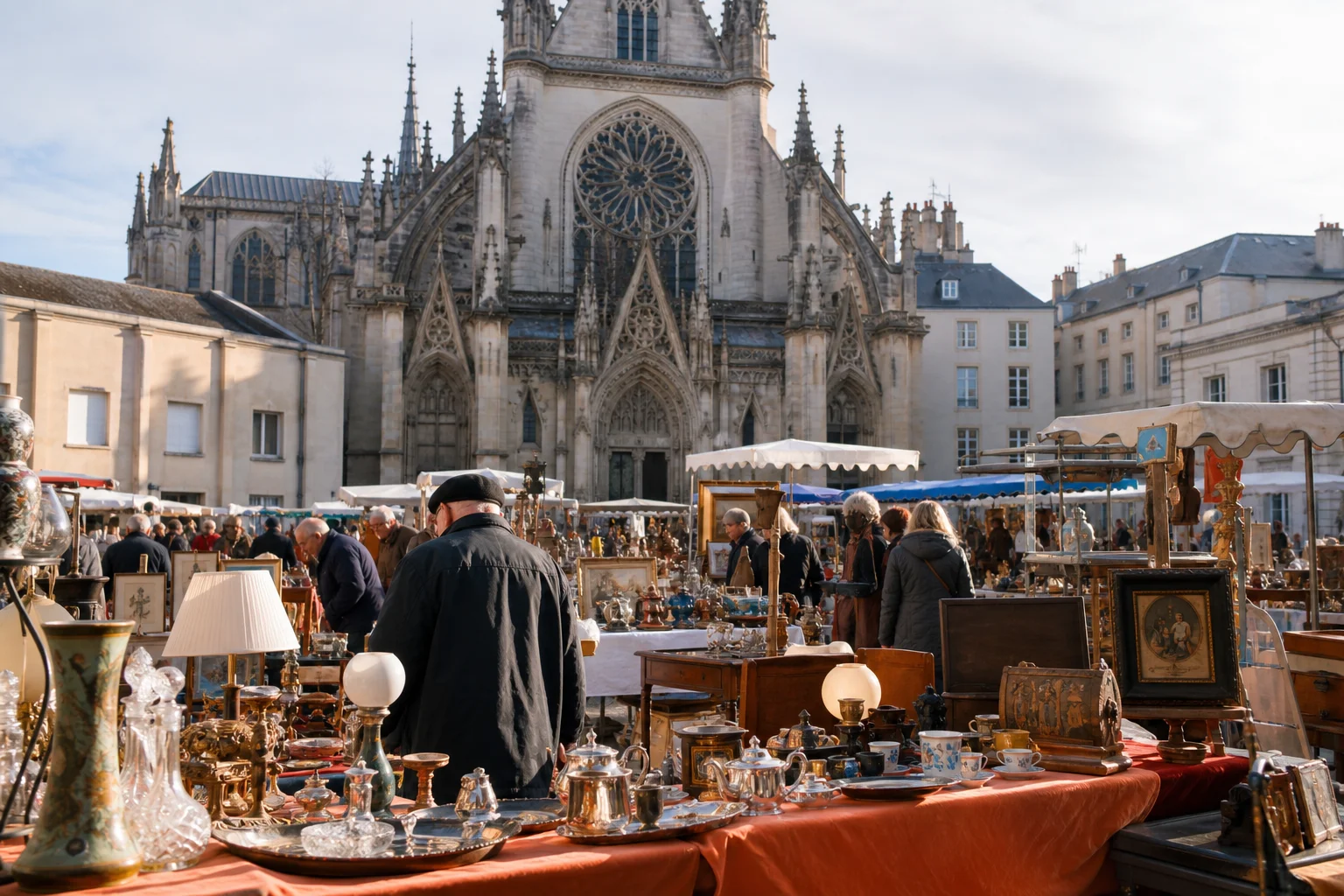 shoppers browsing antique and vintage market stalls at Marché aux Puces de la Vieille Ville in France