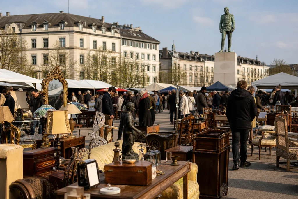 shoppers browsing antique and vintage market stalls at Marché aux Puces de Plainpalais in Switzerland