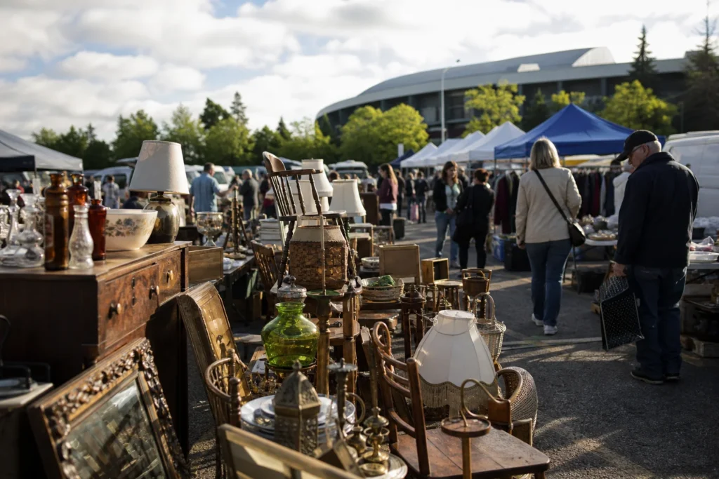 shoppers browsing antique and vintage market stalls at Marché aux puces de Sainte-Foy in Canada, Quebec