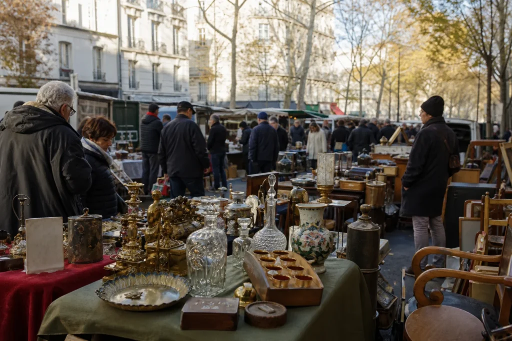 shoppers browsing antique and vintage market stalls at Marché aux Puces de Vanves in Paris