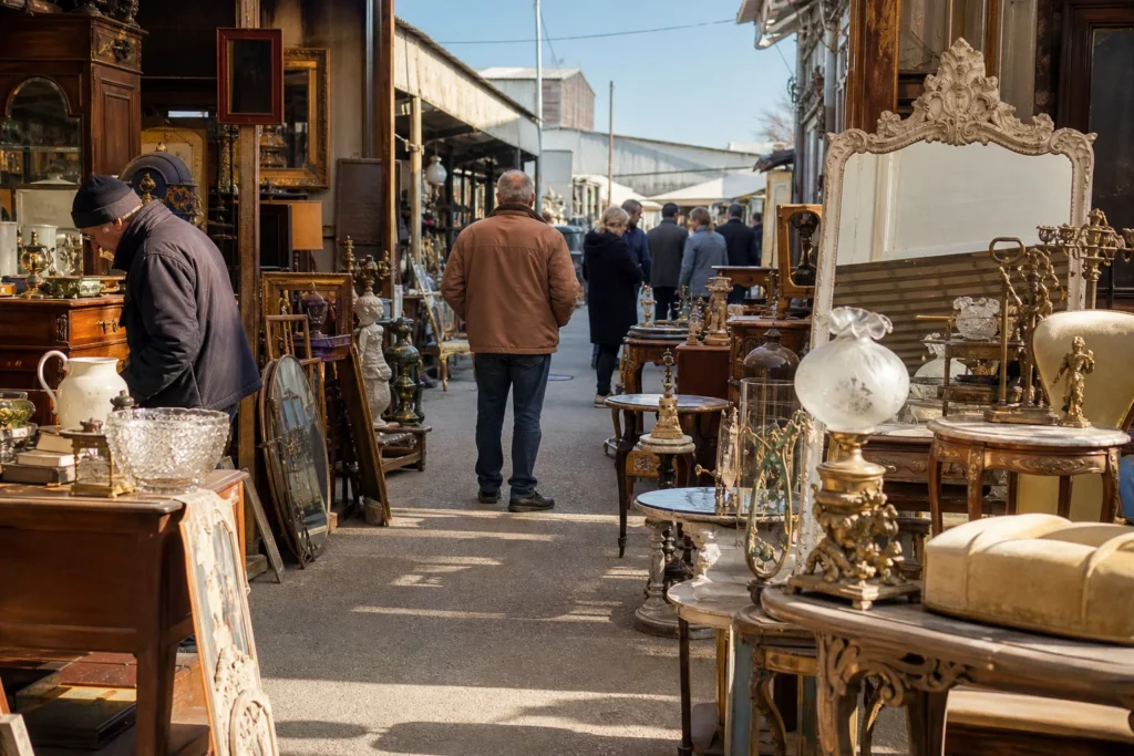 shoppers browsing antique and vintage market stalls at Marché aux Puces des Arnavaux in France, Provence