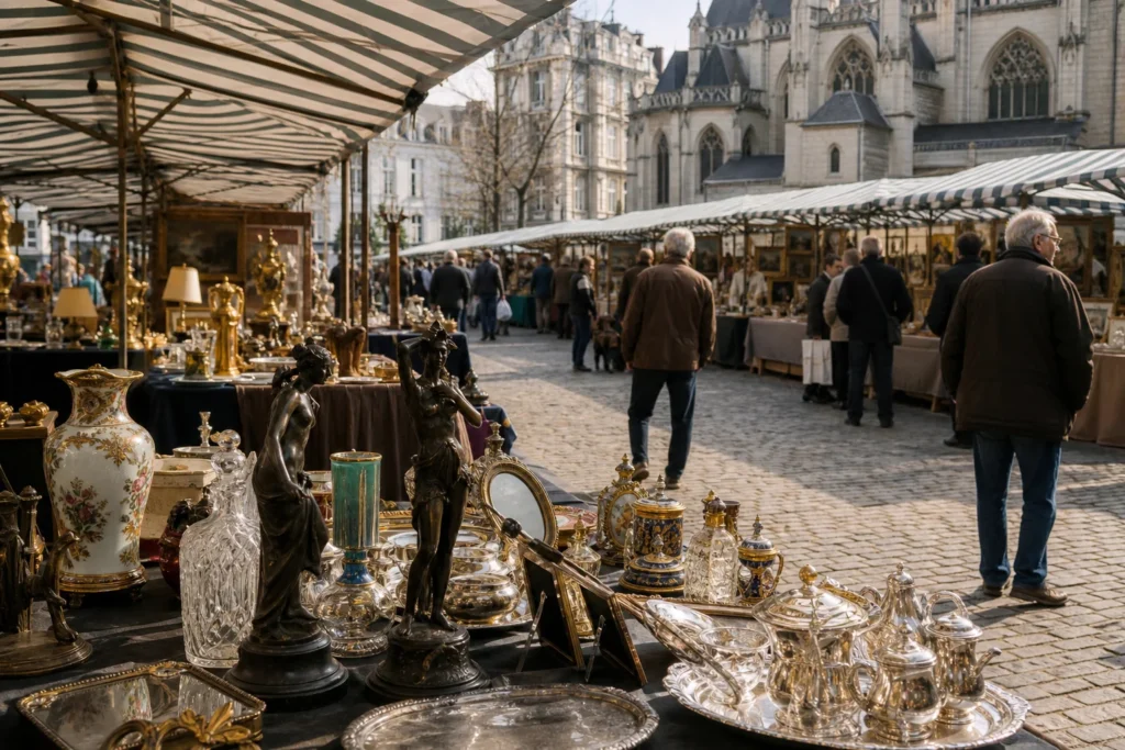 shoppers browsing antique and vintage market stalls at Marché des Antiquaires du Sablon in Belgium