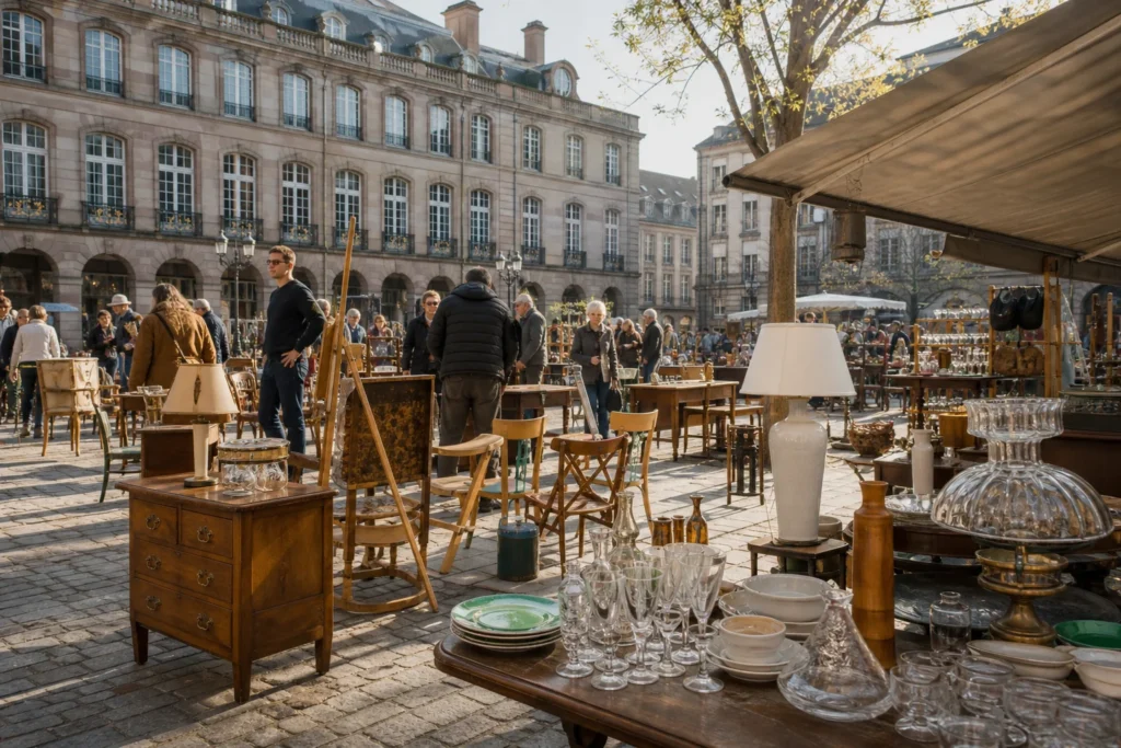 shoppers browsing antique and vintage market stalls at Marchés Européens de la Brocante et du Design du Broglie in France
