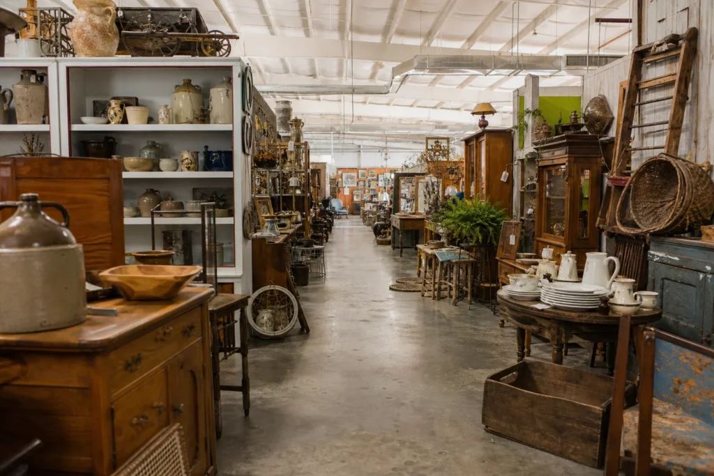 shoppers browsing antique and vintage market stalls at Marketplace Antiques and Collectibles in Delaware