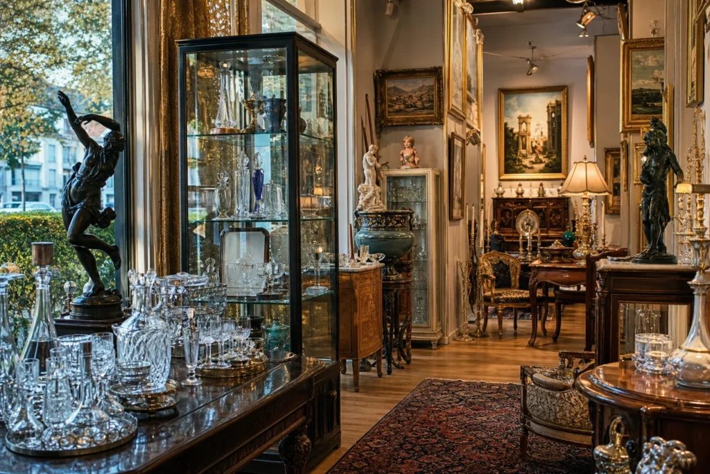 shoppers browsing antique and vintage market stalls at Martine Boré Antiques in British Columbia, Vancouver
