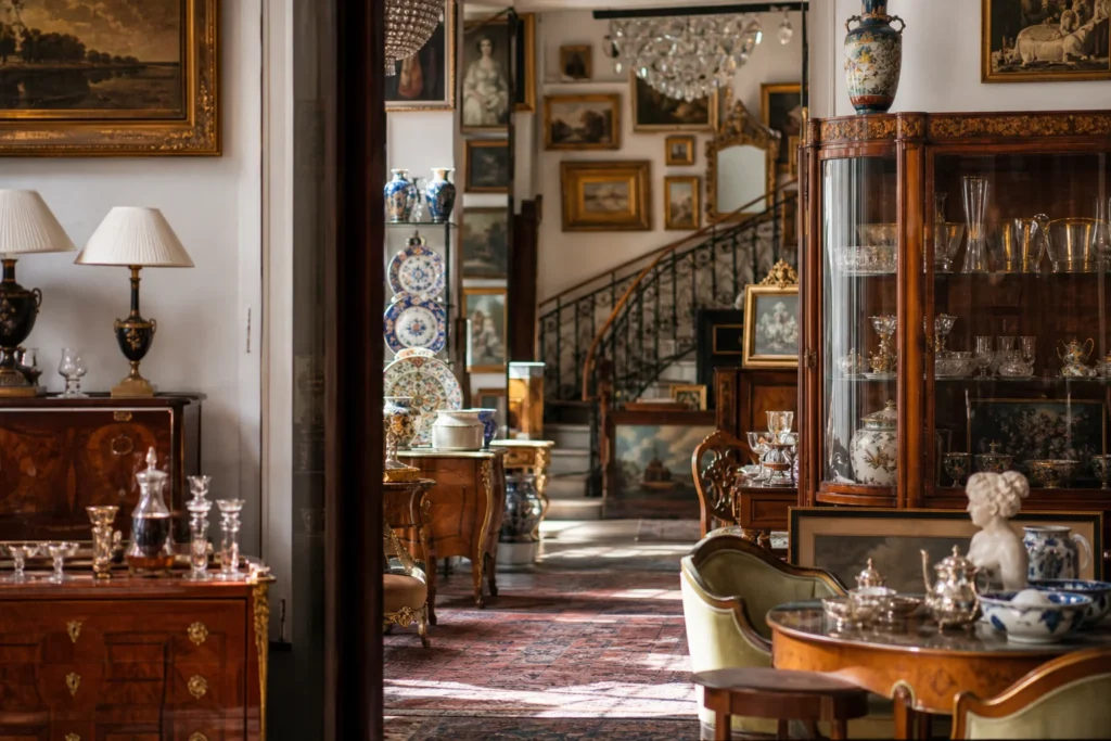 shoppers browsing antique and vintage market stalls at Martino’s Antique and Fine Art Gallery in Greece