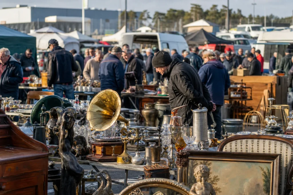 shoppers browsing antique and vintage market stalls at Megaflohmarkt Interspar Linz in Austria