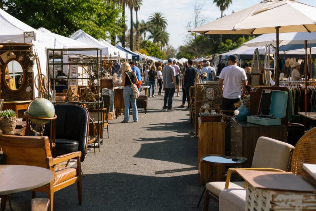shoppers browsing antique and vintage market stalls at Melrose Trading Post in California, Los Angeles
