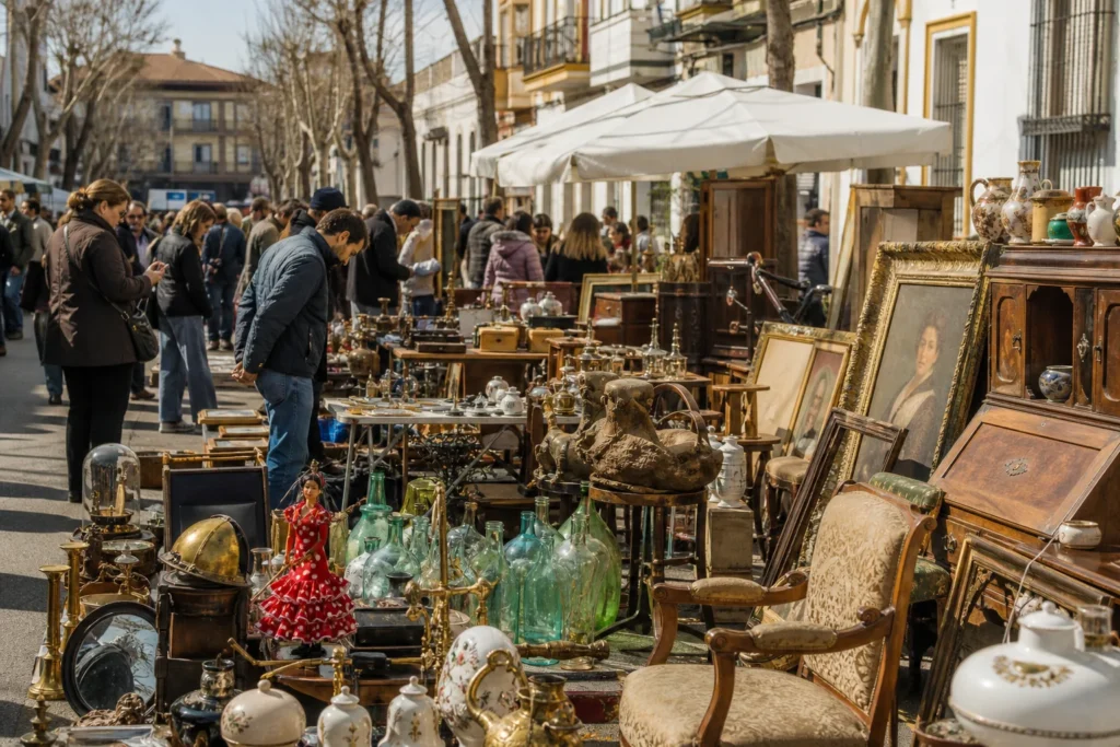 shoppers browsing antique and vintage market stalls at Mercadillo El Jueves in Spain