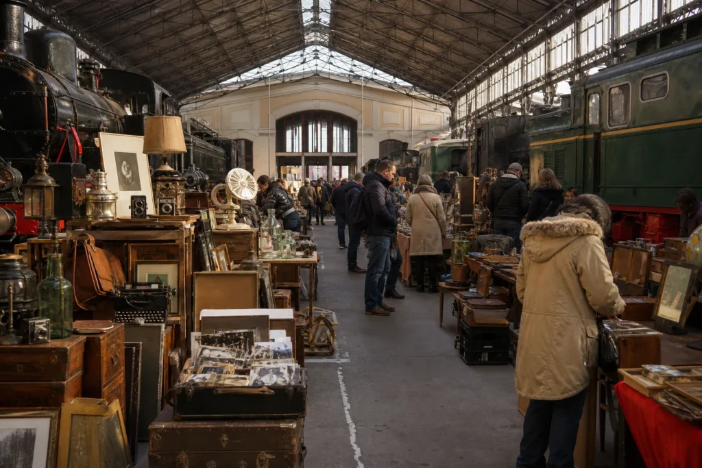 shoppers browsing antique and vintage market stalls at Mercado de Motores in Spain