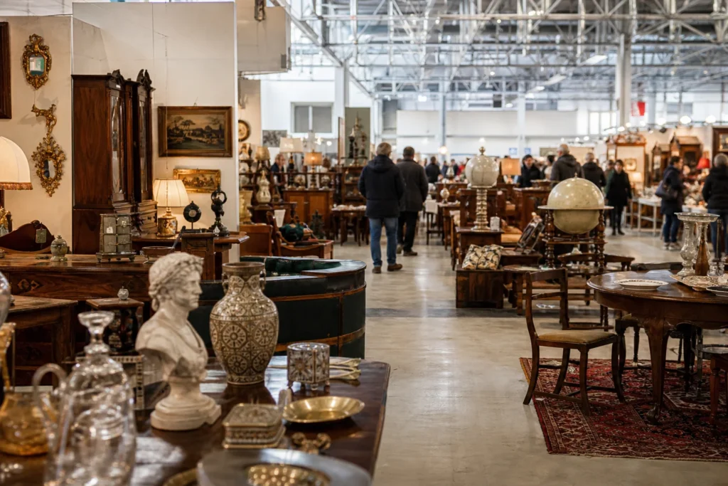 shoppers browsing antique and vintage market stalls at Mercanteinfiera in Italy