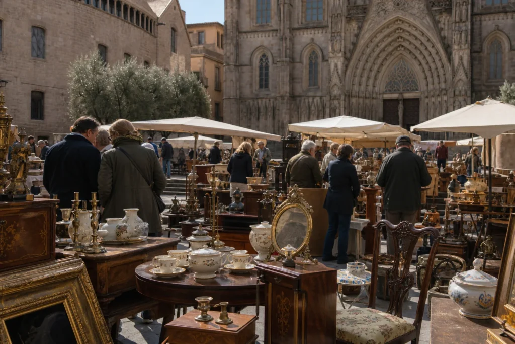 shoppers browsing antique and vintage market stalls at Mercat Gòtic Barcelona in Spain