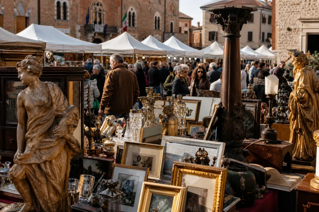 shoppers browsing antique and vintage market stalls at Mercatino Antiquariato E Usato Di Portobuffolè in Italy