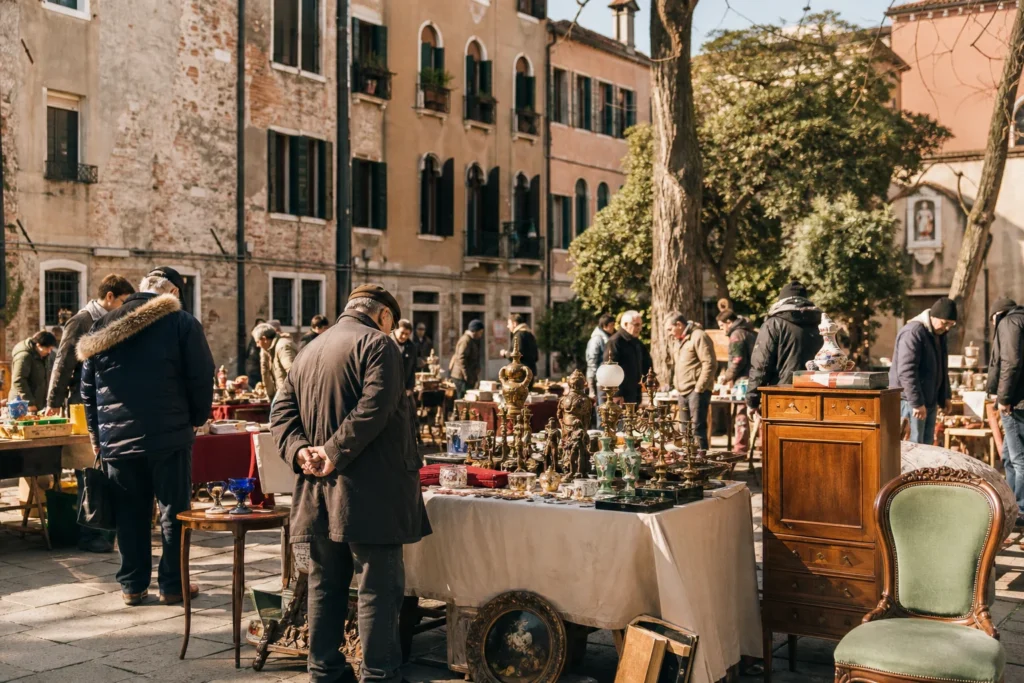shoppers browsing antique and vintage market stalls at Mercatino dei Miracoli in Italy