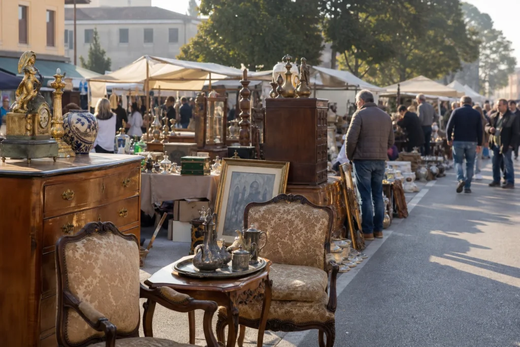 shoppers browsing antique and vintage market stalls at Mercatino dell’antiquariato a Godega di Sant’Urbano in Italy