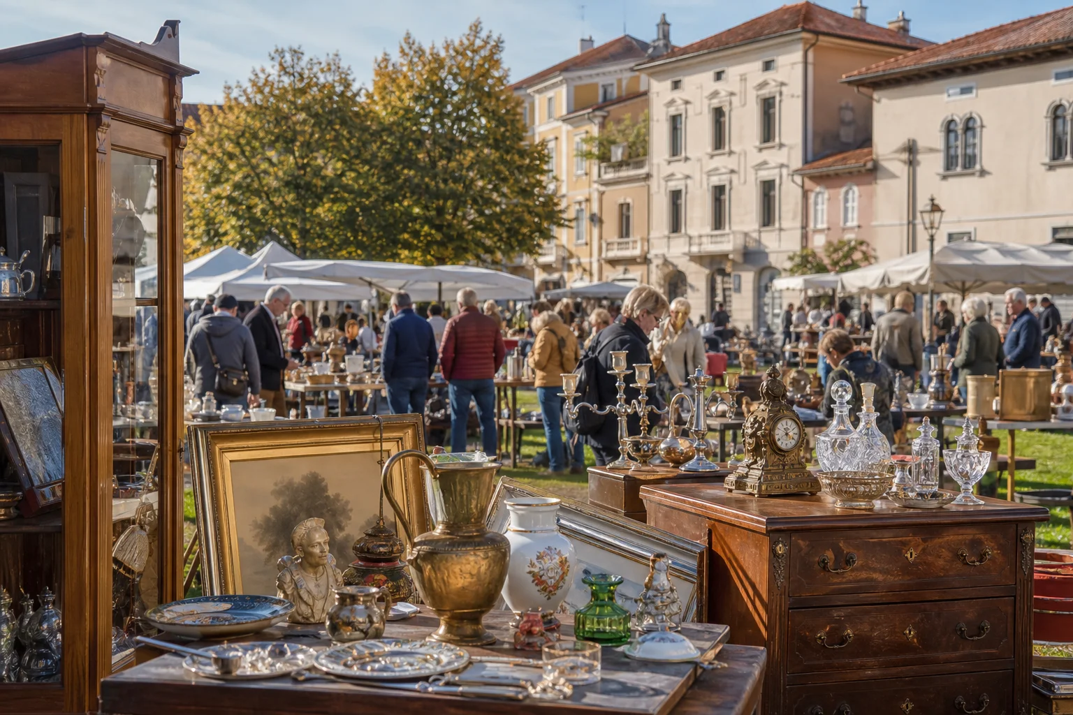 shoppers browsing antique and vintage market stalls at Mercatino dell’Antiquariato a Gradisca d’Isonzo in Italy