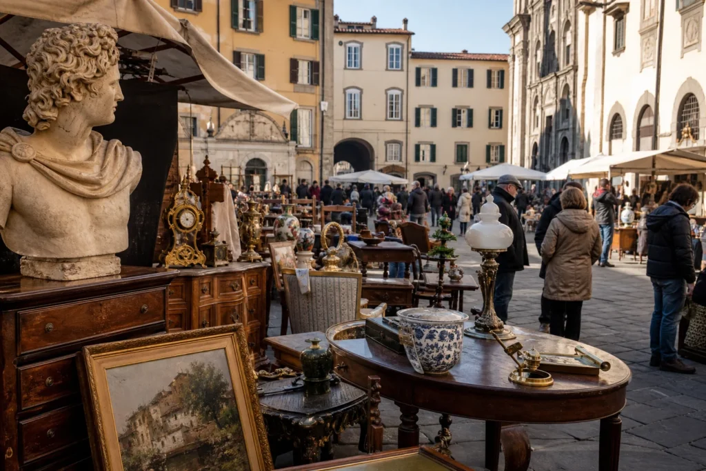 shoppers browsing antique and vintage market stalls at Mercatino dell’Antiquariato a Lucca in Italy