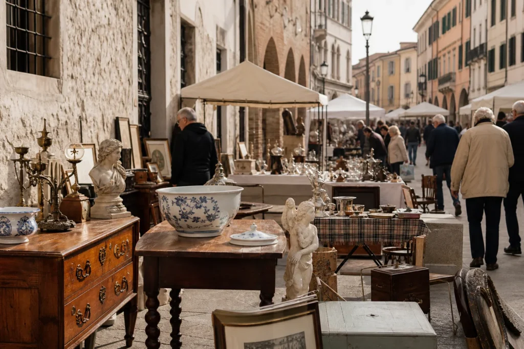 shoppers browsing antique and vintage market stalls at Mercatino dell’Antiquariato a Treviso Cose d’Altri Tempi in Italy