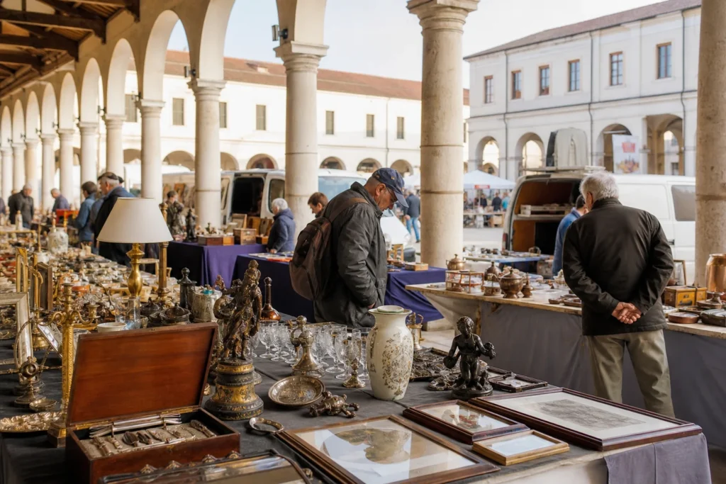 shoppers browsing antique and vintage market stalls at Mercatino Dell’antiquariato e Collezionismo Fiera Dei Trovarobe in Italy