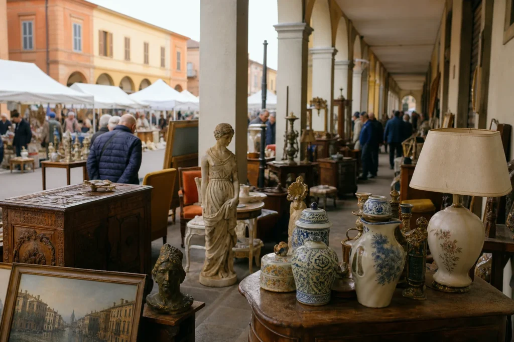 shoppers browsing antique and vintage market stalls at Mercatino dell’antiquariato I Portici di Medicina in Italy