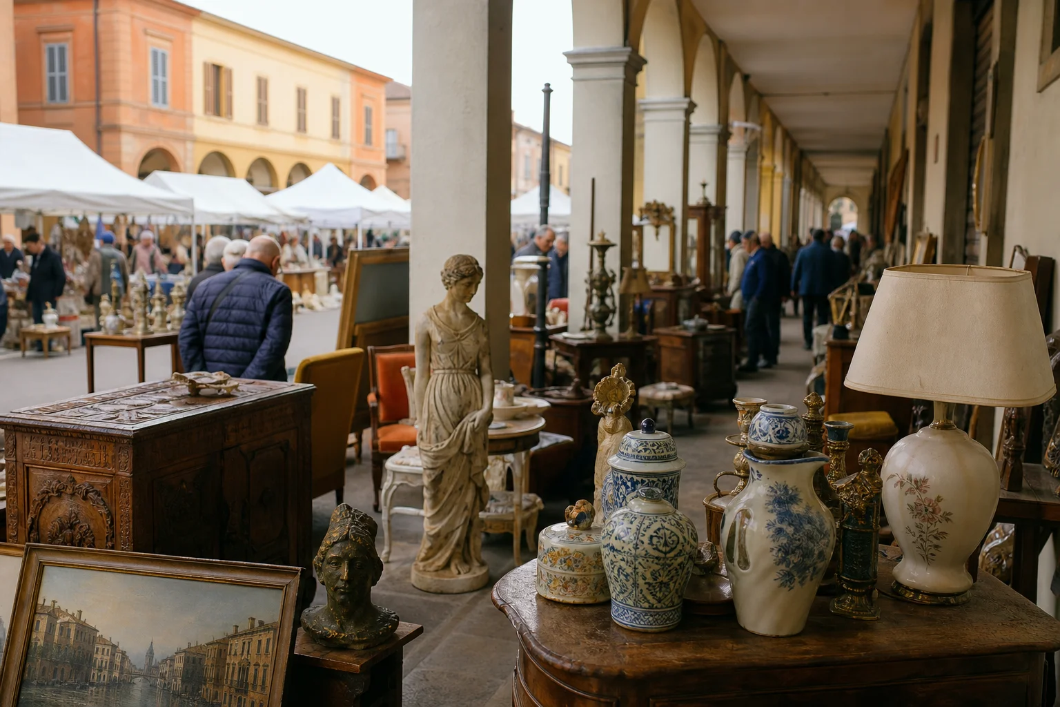 shoppers browsing antique and vintage market stalls at Mercatino dell’antiquariato I Portici di Medicina in Italy