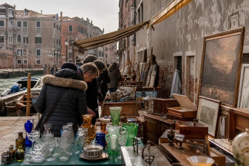 shoppers browsing antique and vintage market stalls at Mercatino delle “Robe da Mar” in Italy
