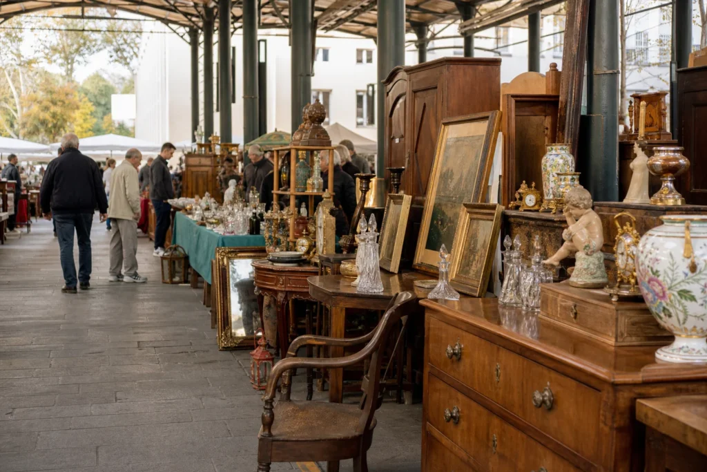 shoppers browsing antique and vintage market stalls at Mercatino di piazza dei Ciompi in Florence, Italy