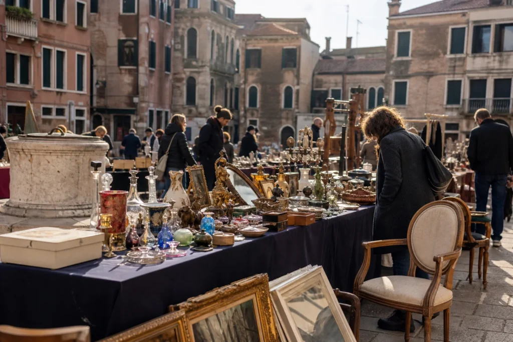 shoppers browsing antique and vintage market stalls at Mercatino di “Polvere di Ricordi” in Italy