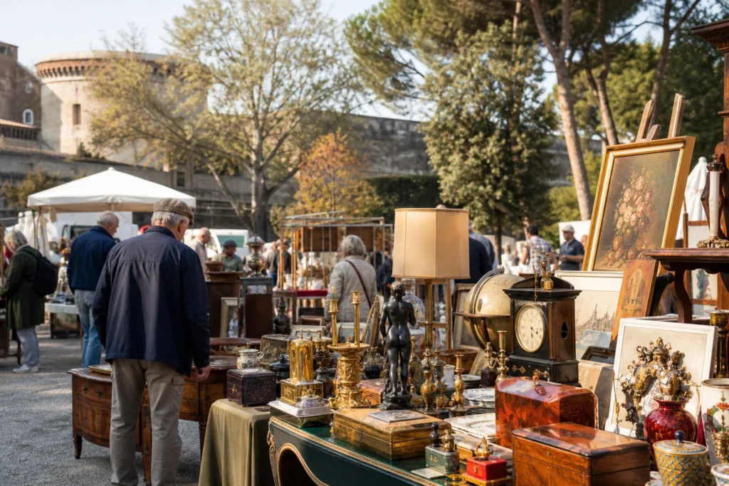 shoppers browsing antique and vintage market stalls at Mercato dell’Antiquariato ai Giardini della Fortezza da Basso in Florence, Italy
