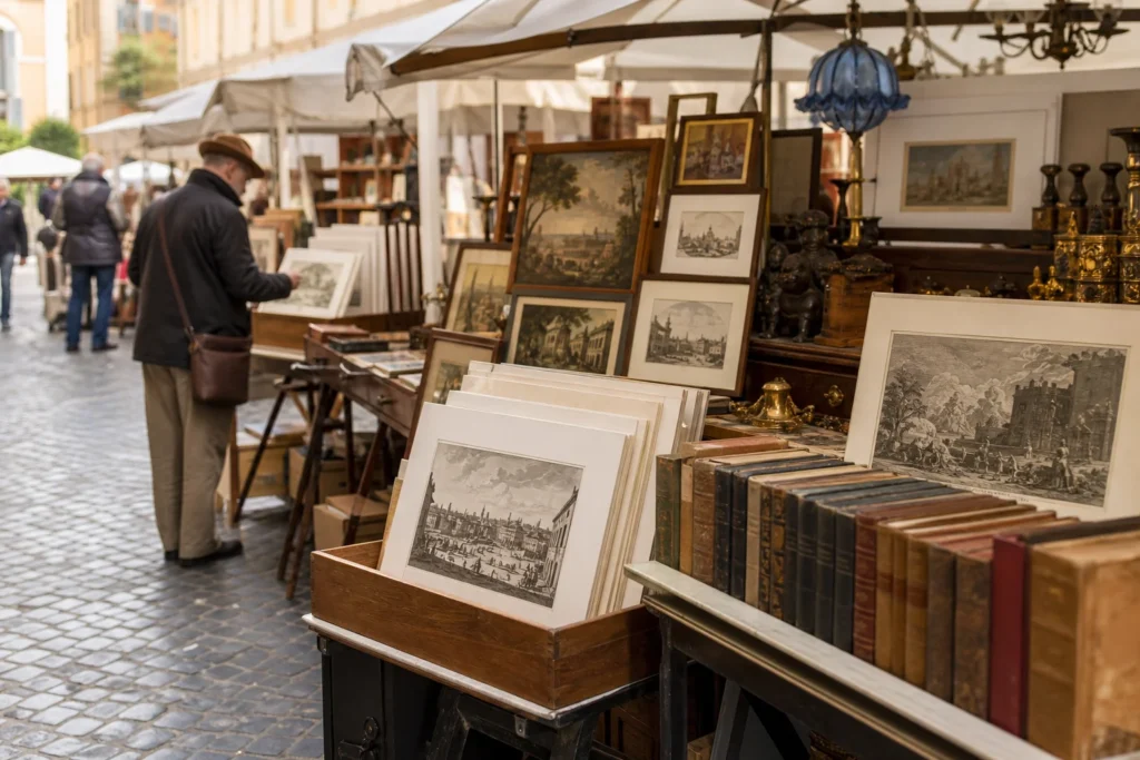 shoppers browsing antique and vintage market stalls at Mercato delle Stampe in Italy, Rome