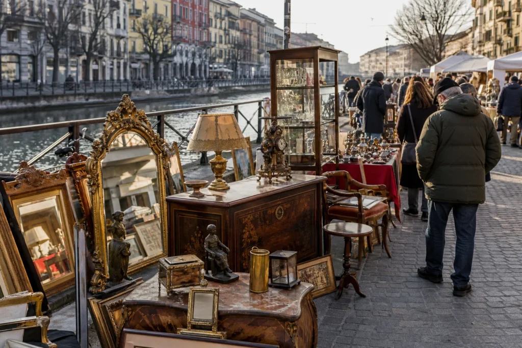 shoppers browsing antique and vintage market stalls at Mercatone dell’Antiquariato sul Naviglio Grande in Italy