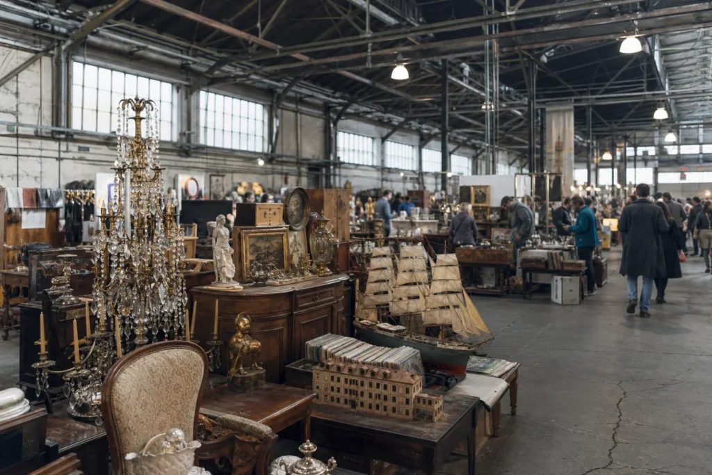 shoppers browsing antique and vintage market stalls at METAMarkt in Austria