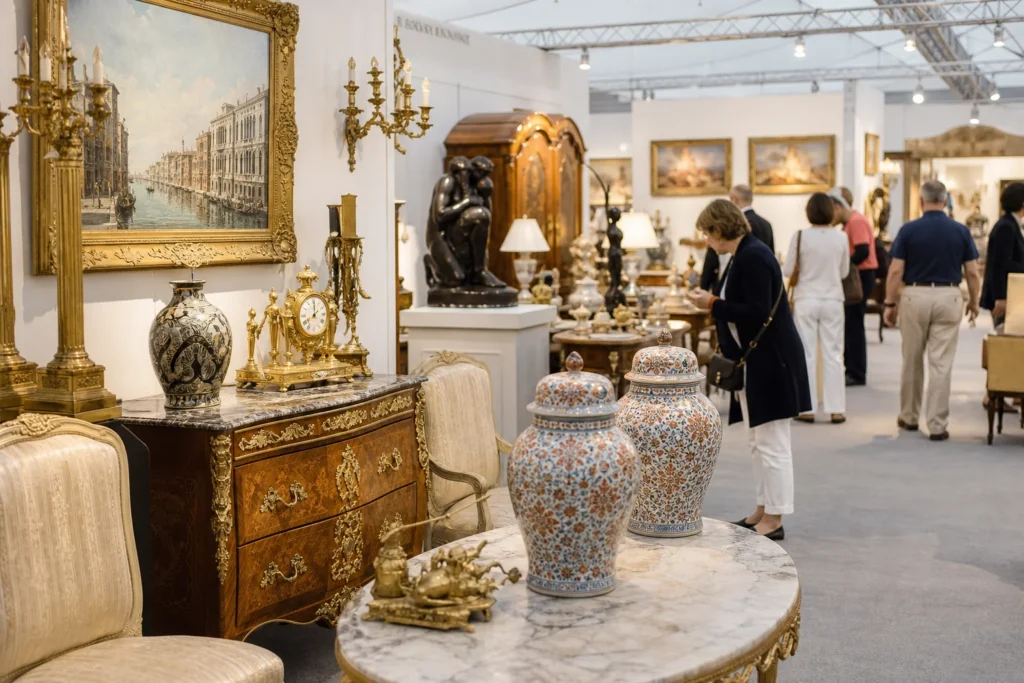 shoppers browsing antique and vintage market stalls at Miami Antiques + Art + Design Show in Florida, Miami
