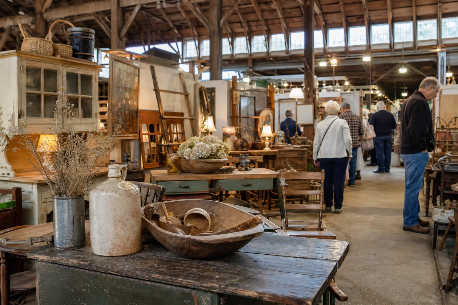 shoppers browsing antique and vintage market stalls at Michigan Antique & Collectible Festival Davisburg